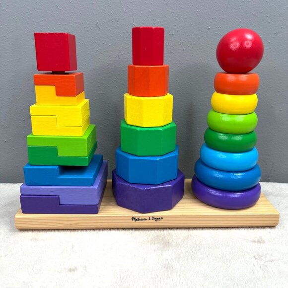 Melissa & Doug Geometric Stacker Wood Rainbow Stacking Shapes 2019 Missing 1 Pc - Picture 1 of 9